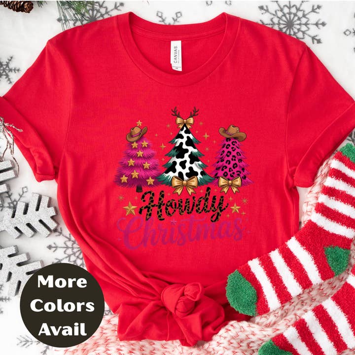 Epic Life - Designed - Wholesale Screen Printed T-Shirt - Women's - Howdy Christmas Shirt or Sweatshirt – Western Cowgirl Christmas Trees Top – Small-4XL Plus Size – Multiple Colors6
