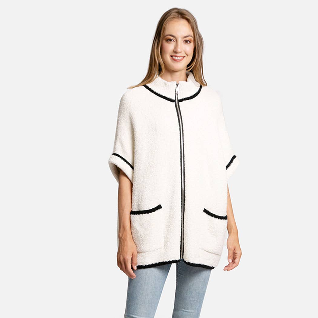 Fashion City - Wholesale Outerwear Poncho - Women's - Solid Zipper Jacket with Outlined Edges18
