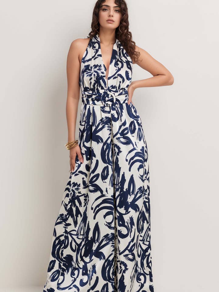 Mono de pierna ancha con cuello halter y estampado abstracto para venta al por mayor de J2 FASHION