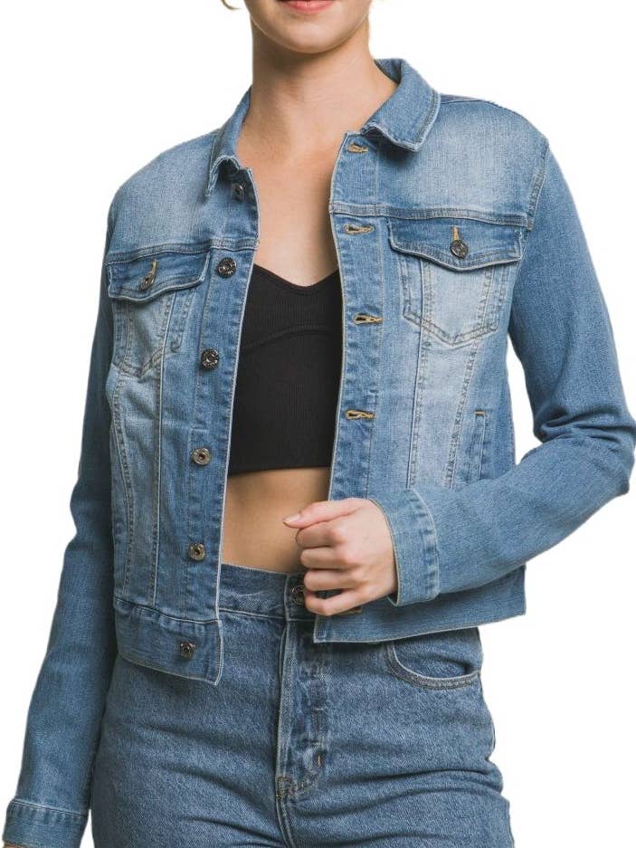 Distressed Button Up Stretchy Cotton Denim Jacket for wholesale by Vanilla Monkey