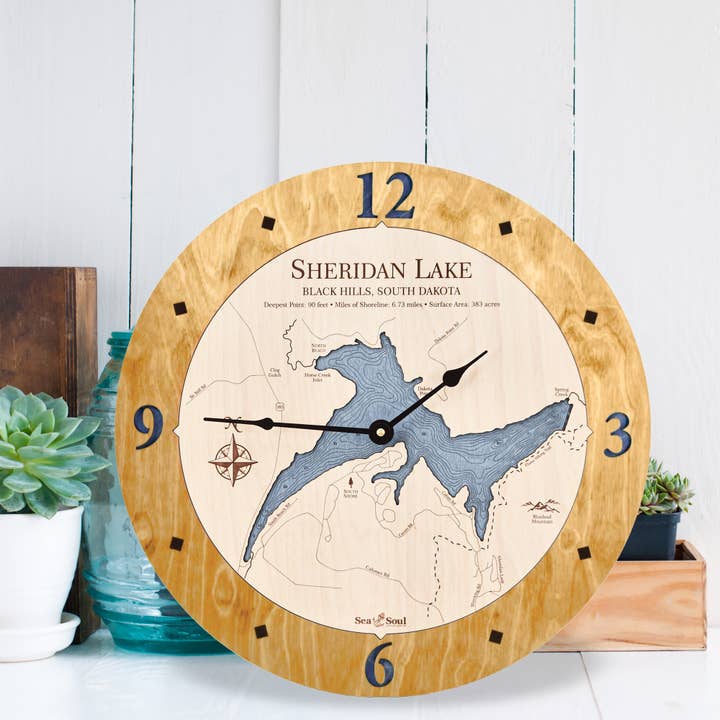 Sheridan Lake 3D Nautische Karte Holz Wanduhr - 2 Ebenen für den Großhandel von Sea & Soul Nautical Chart Art
