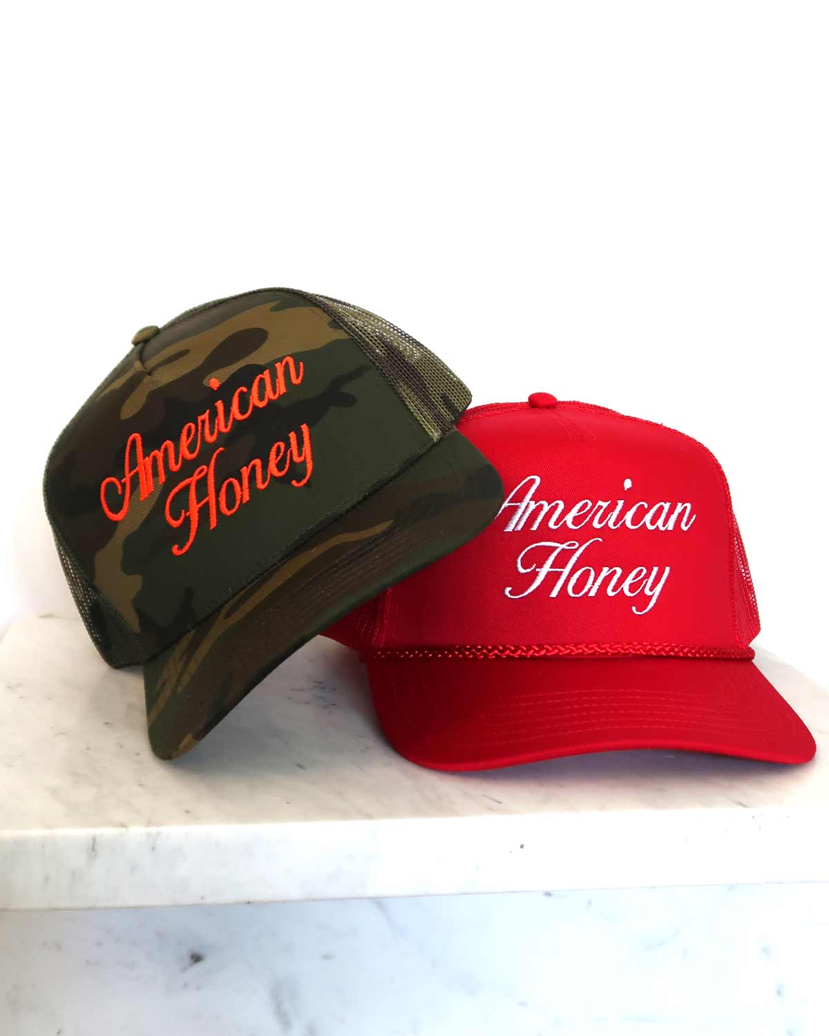 Sundrop - Wholesale Trucker Hat - Women's - American Honey Camouflage Embroidered Hat - Neon Red Orange3