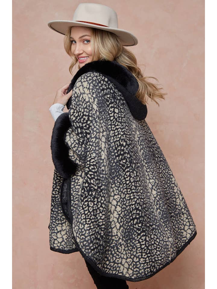 GREY MOCHA Faux Fur Trimmed Hooded Poncho for wholesale on Faire
