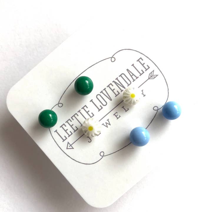Leetie Lovendale - Wholesale Jewelry Set - White Daisy Green & Turquoise Tiny Studs Set4