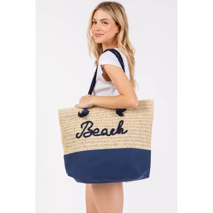 Large Beach Print Braided Tote Bag for wholesale by Collections by Fame Accessories