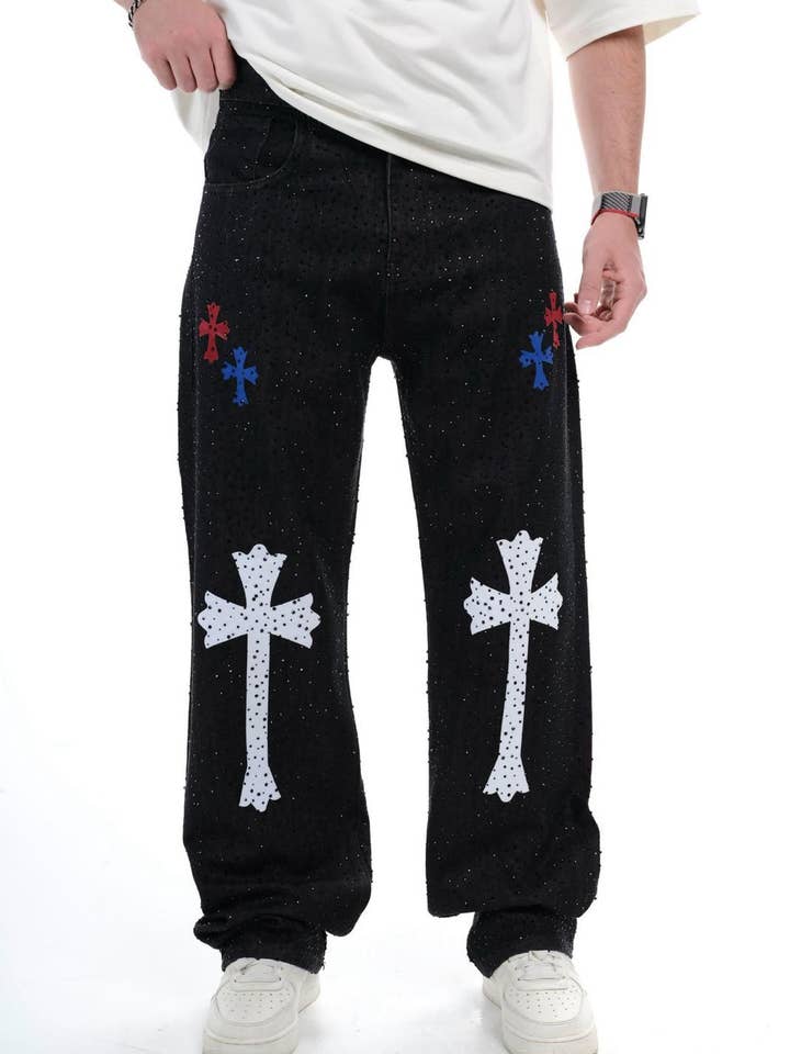 Herrsvarta baggy jeans med rhinestone-korsgrafik 0325ES3281 för wholesale av Monocloth
