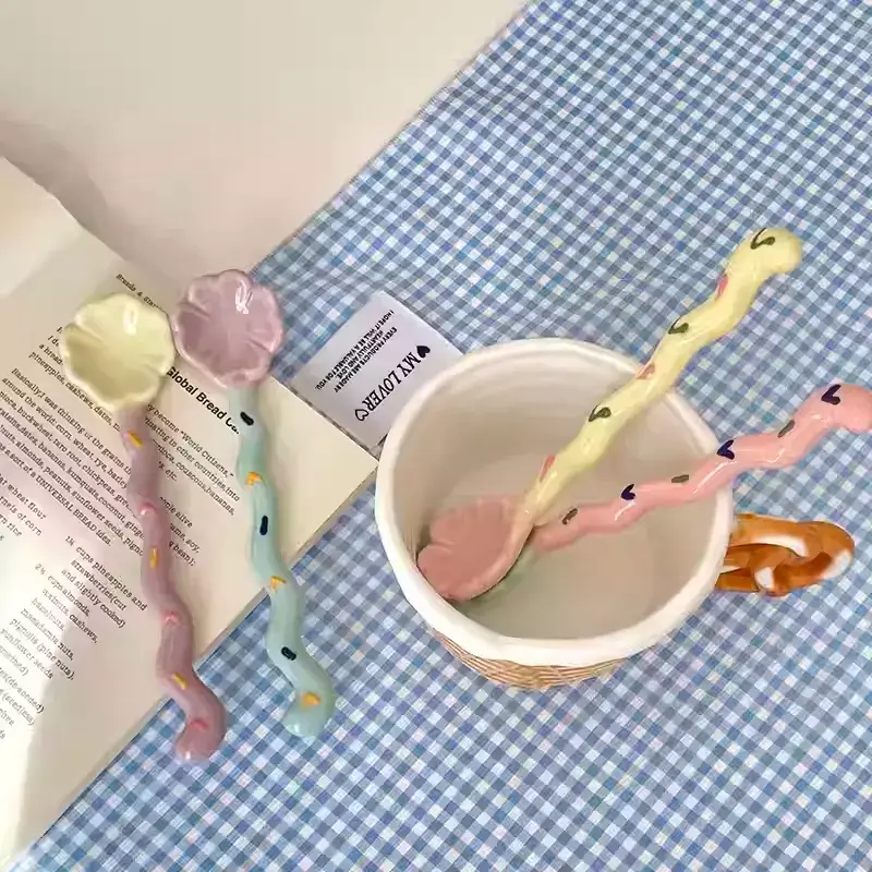 Otterware - Wholesale Table Spoon (Cutlery) - Whimsical Wavy Handle Flower Ceramic Dessert Spoons 4 colors11