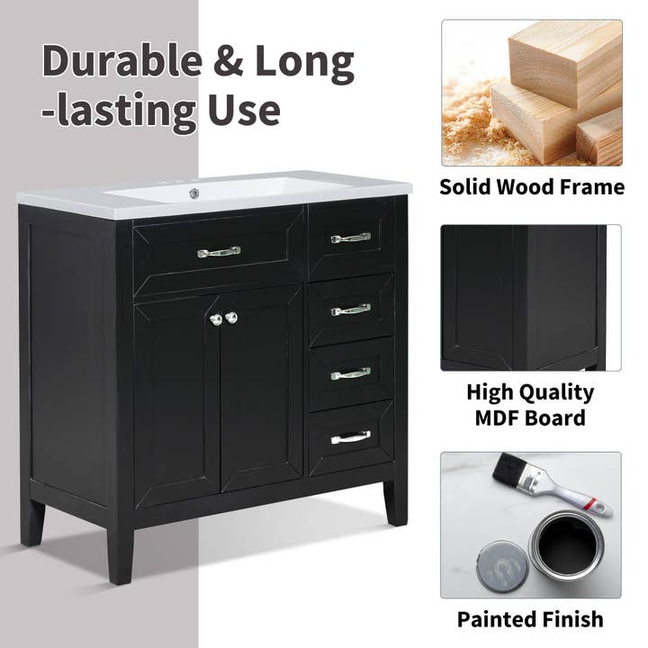 Orange County Decor - Wholesale Cabinet - 36" Bathroom Vanity Without Sink, Cabinet Base Only, Bathroom Cabinet With Drawers, Solid Frame And Mdf Board, Black Black Solid Wood Mdf