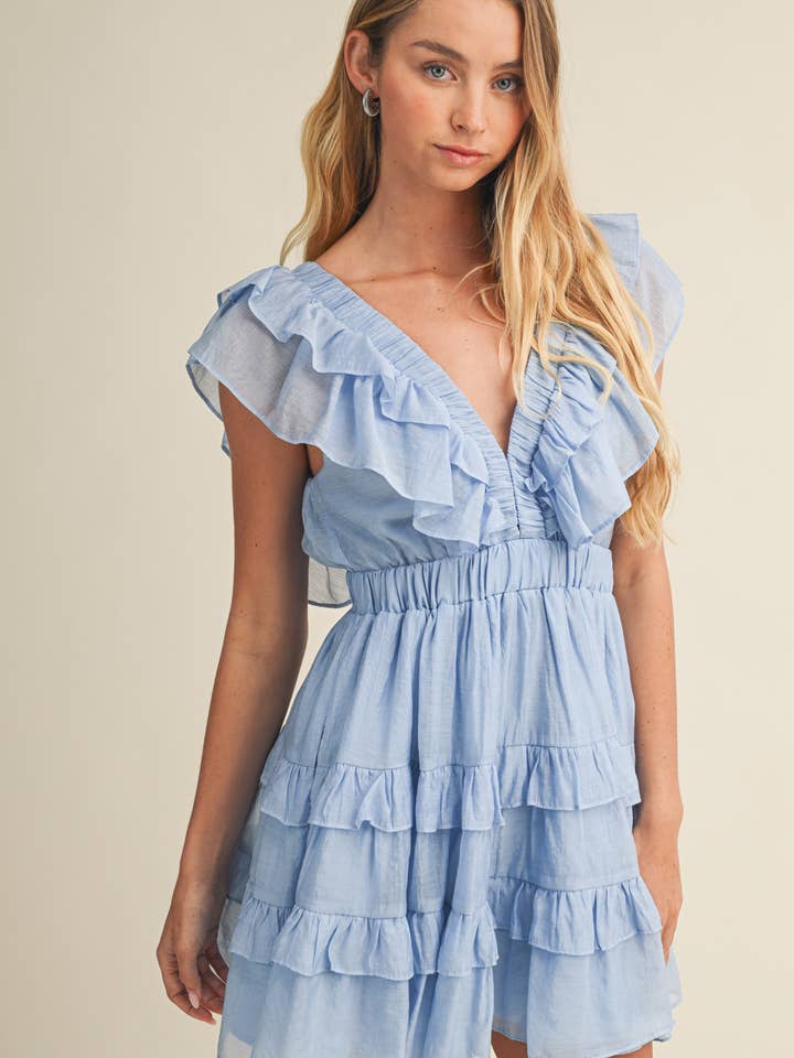 V-NECK RUFFLE TIERED DRESS for wholesale by Mustard Seed