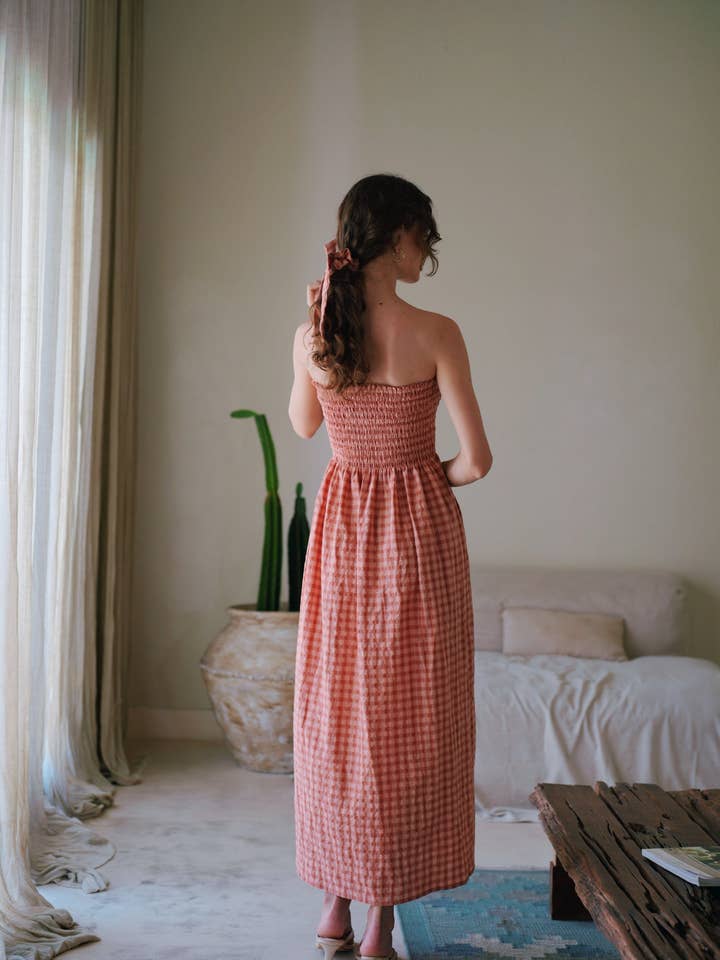Pink Haley - Wholesale Dress - Women's - Ava Strapless Crinkle Gingham Dress in Persimmon