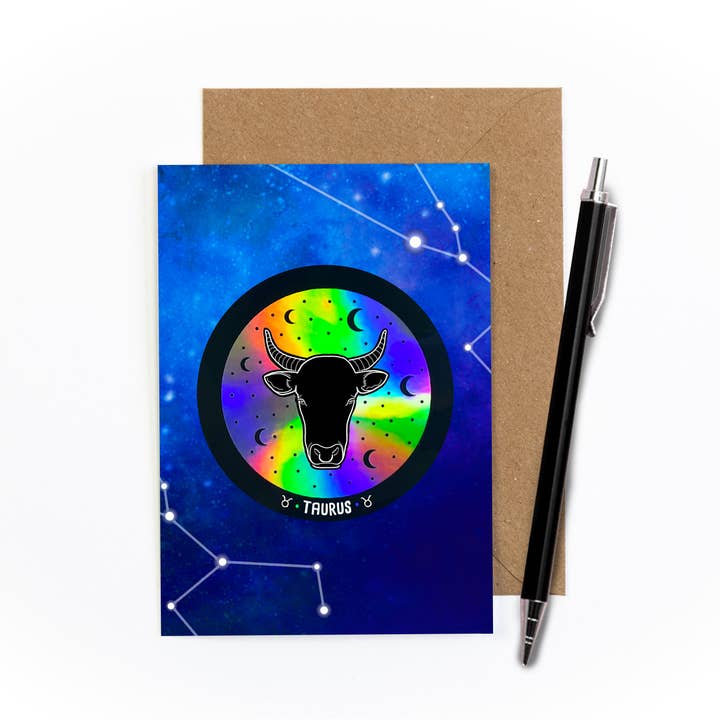 Taurus Birthday Sticker Greetings Card for wholesale by Amy Illustrates