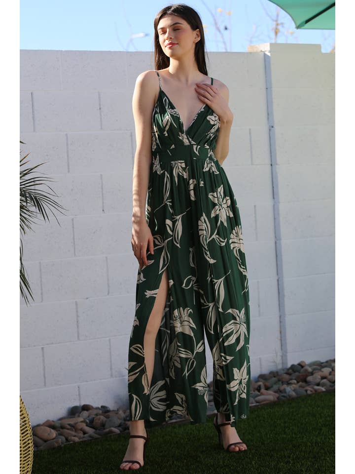 ANGIE - Wholesale Jumpsuit - Women's - B5957-W921 V NECK SLIT LEG JUMPSUIT FLORAL PRINT