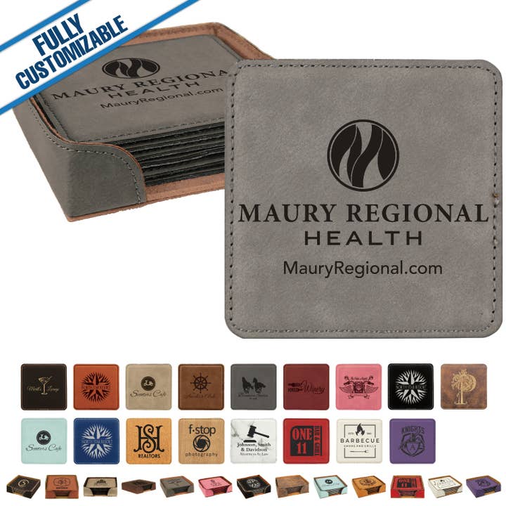GiftWorksPlus - Wholesale Coasters - Engraved Leatherette Square Coasters - Fully Customizable