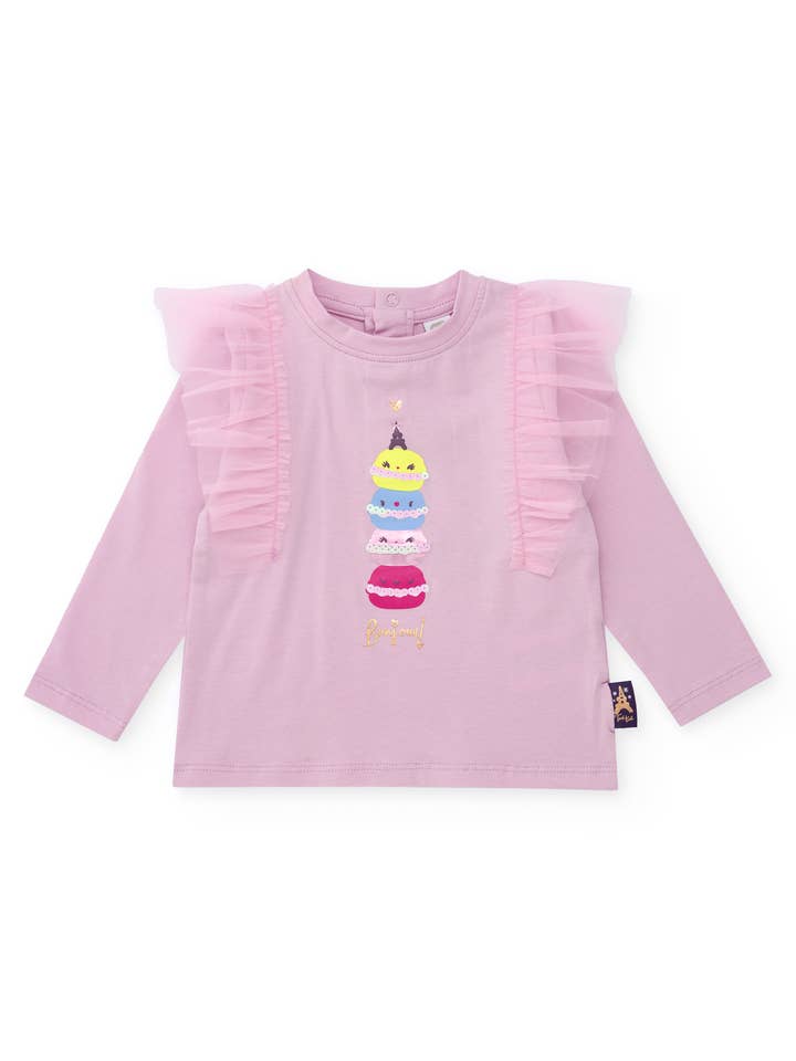 Girl's pink knit t-shirt with macaron design for wholesale by tuc tuc