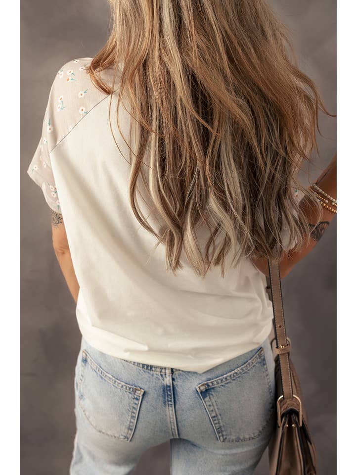 Beige LDC Floral Print Color Block Raglan Sleeve T Shirt for wholesale on Faire