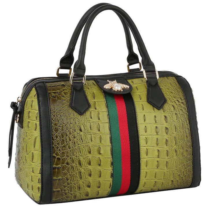 Borsa a tracolla fashion con stampa coccodrillo e striscia, decorata con ape dorata per la vendita all'ingrosso da parte di M&M HANDBAGS, LLC.