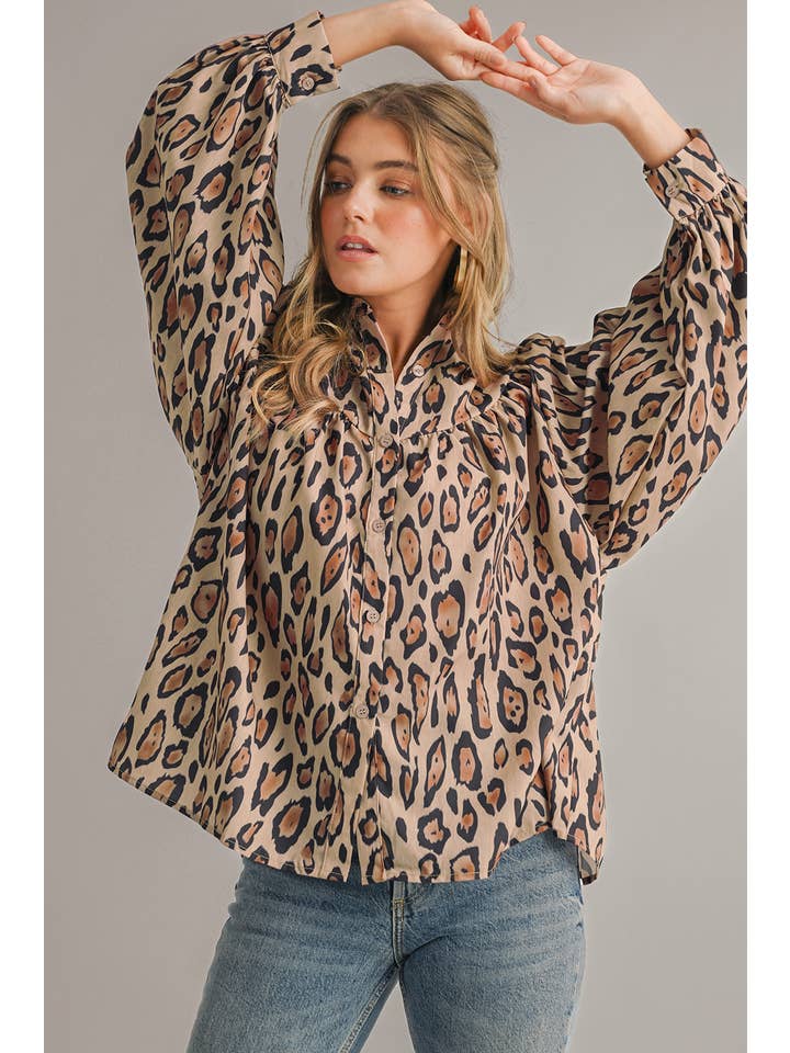 As shown Wild Leopard Print Loose Fit Long Sleeve Shirt | S-XL for wholesale on Faire