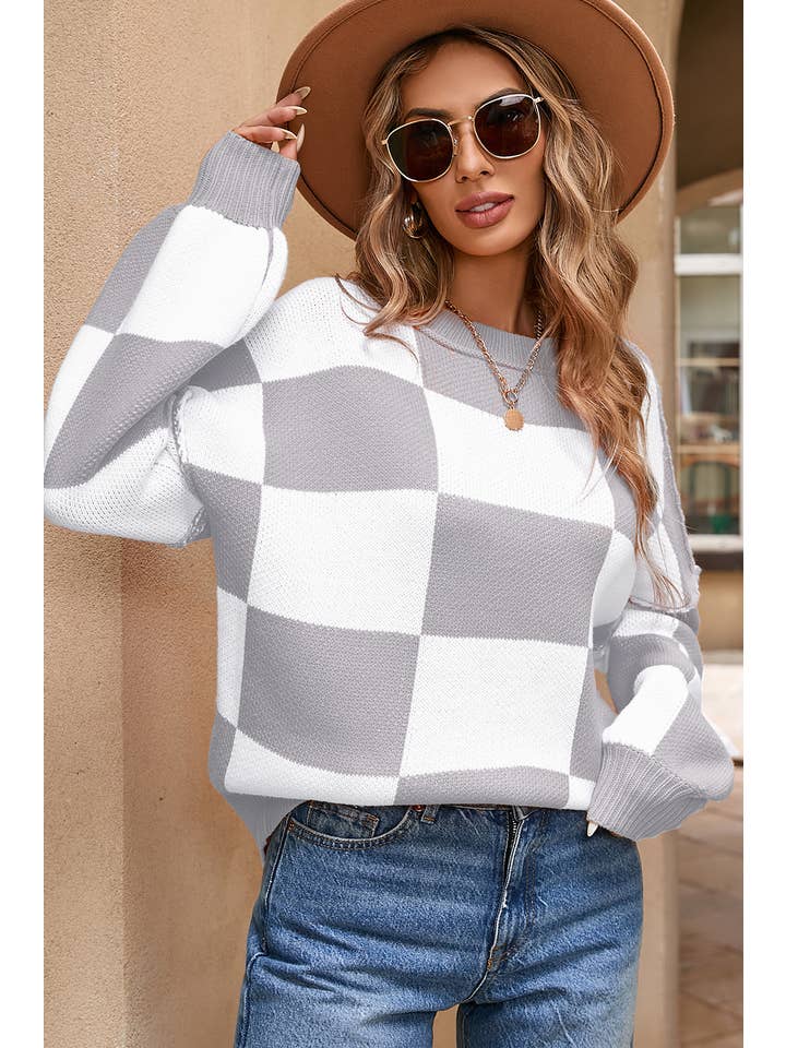Little Daisy Closet - Wholesale Knit Sweater - Women's - LDC Checkered Bishop Sleeve Sweater
