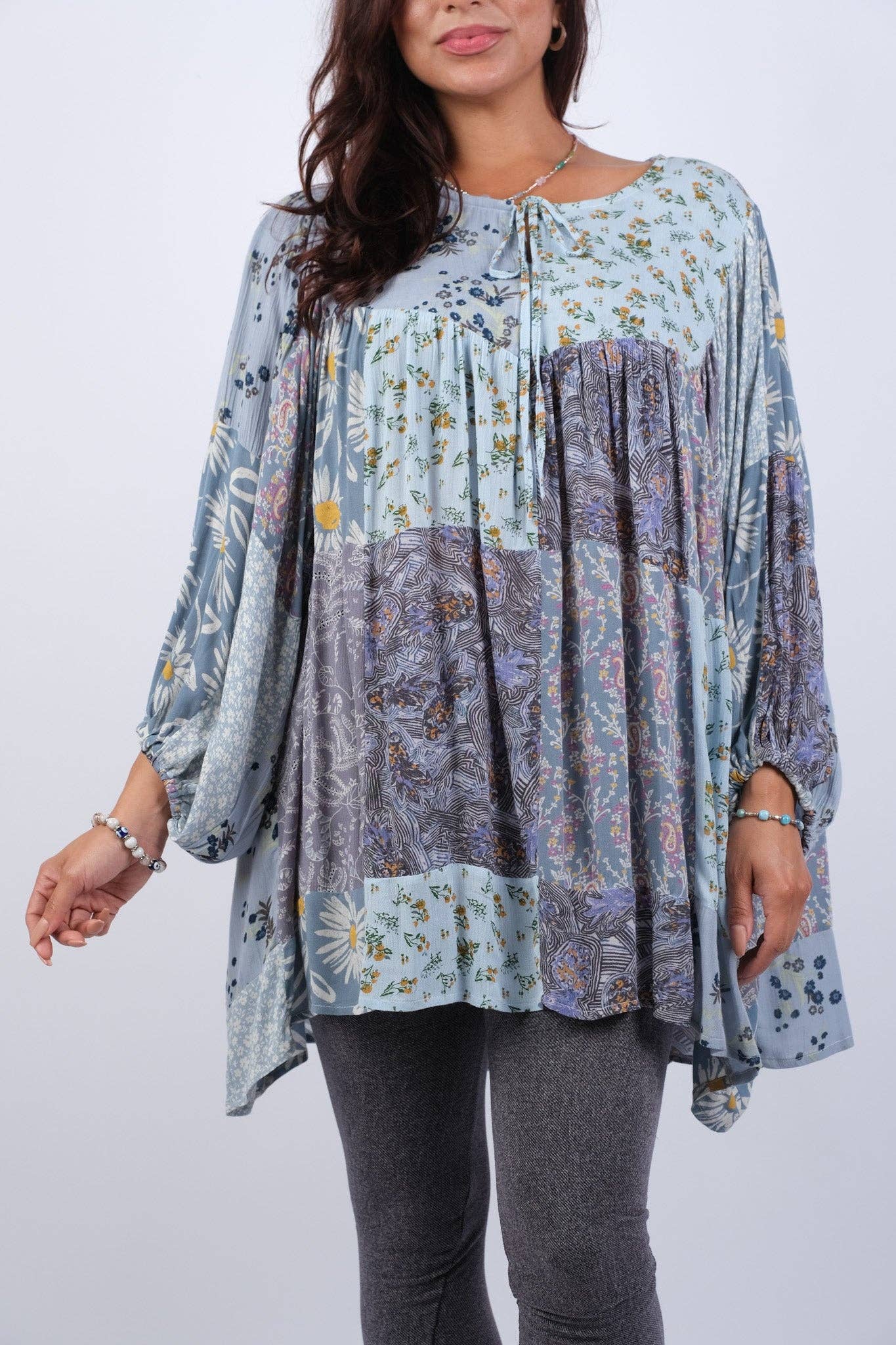 Sacred Threads - Wholesale Tunic - Women's - Patchwork Breezy Bluebell Top with Billow Sleeves1