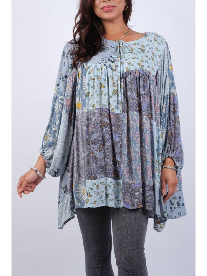 Sacred Threads - Wholesale Tunic - Women's - Patchwork Breezy Bluebell Top with Billow Sleeves1