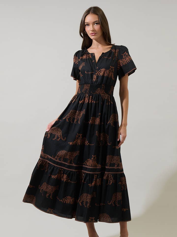 BlackTan Zenzi Jungle Ordy Smocked Midi Dress for wholesale on Faire0