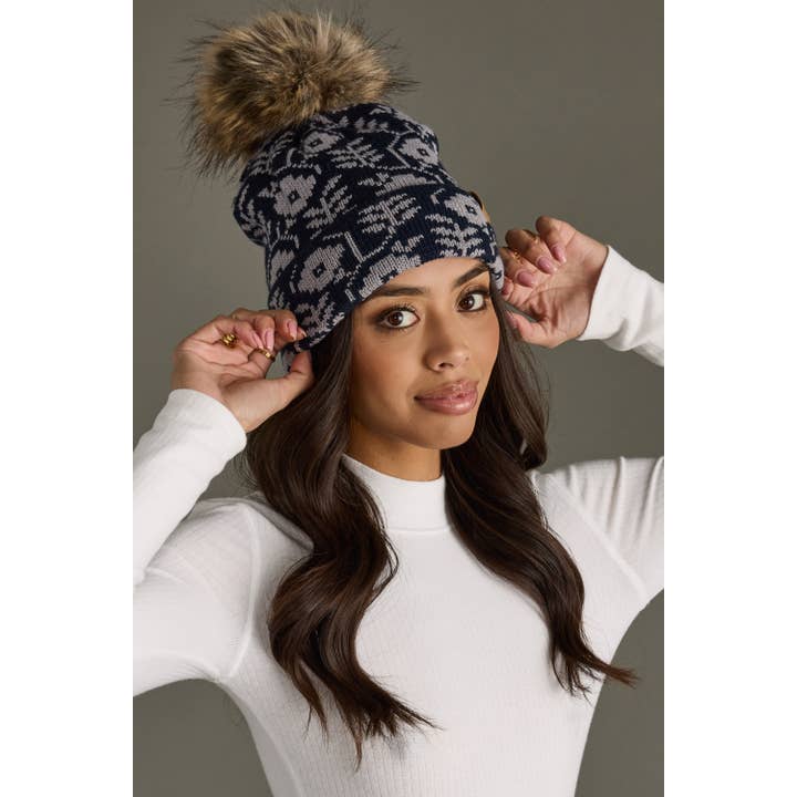 Panache Apparel Co. - Wholesale Beanie - Women's - Navy & Gray Floral Pattern Pom Hat