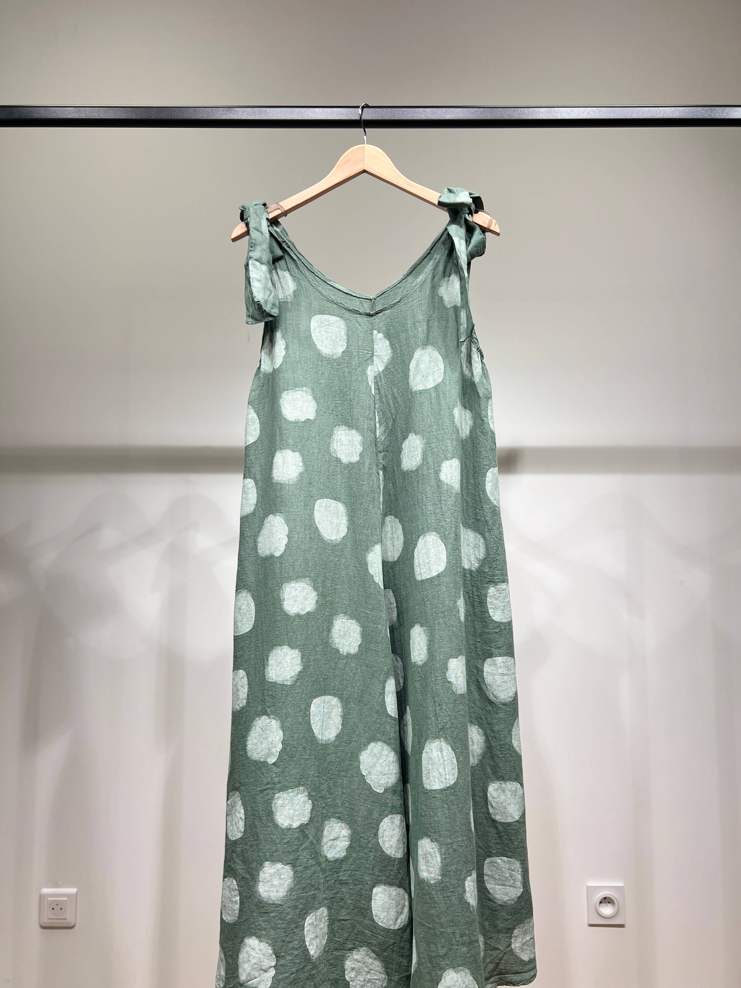 L'Emotion - Vente Combinaison – femme -  Combinaison à Pois Bretelles Nœuds Ajustables 100% Lin3