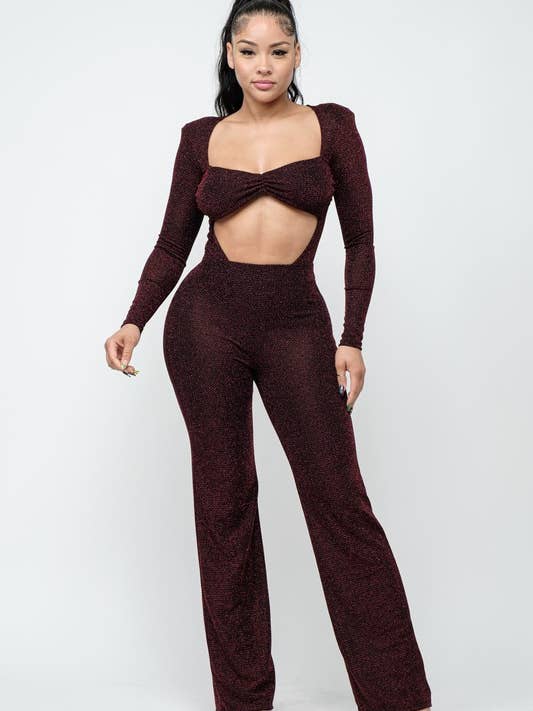 Ensemble body et pantalon découpés en mini chevrons à paillettes pour la vente par Belita Collection