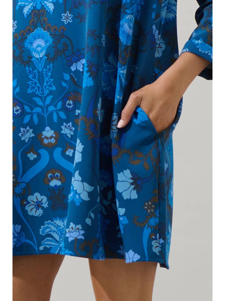 Teal Blue Palmate Floral Lonna Shift Mini Dress for wholesale on Faire4