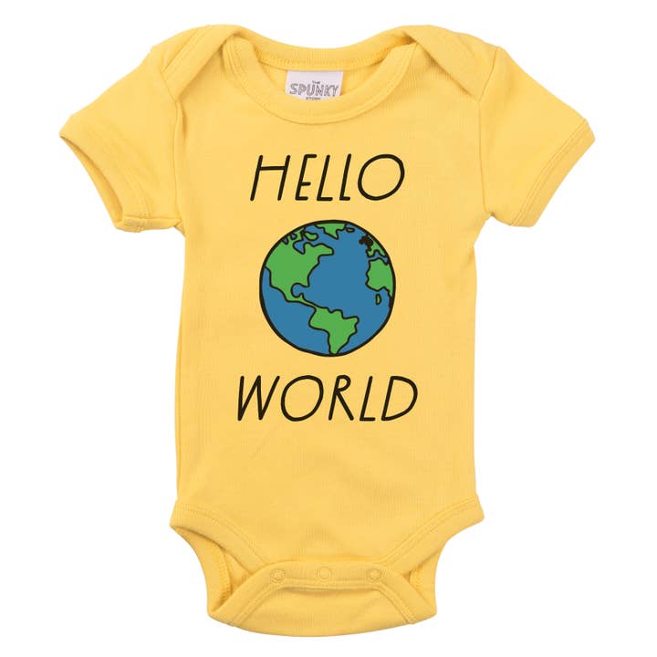 Hello World Organic Newborn Baby Bodysuit Shower Gift for wholesale by Spunky Stork