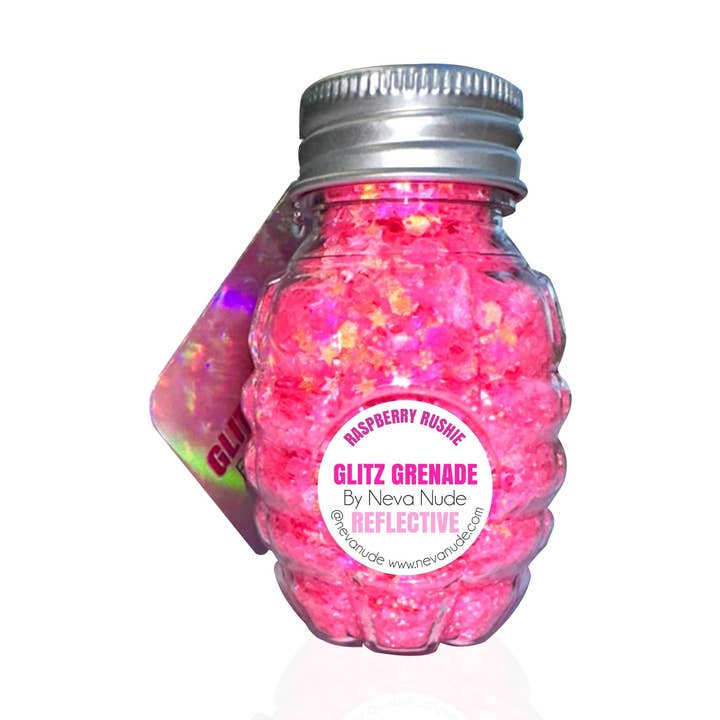 Raspberry Rushie Reflective Neon Pink UV Cosmetic Glitter Glitz Grenade Keychain in Aloe Gel for wholesale by Neva Nude