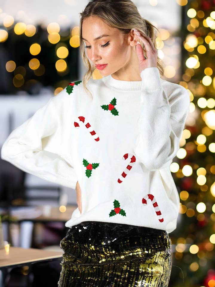 Pull ras du cou orné de sequins Candy Cane VT81743B pour la vente par Vine & Love