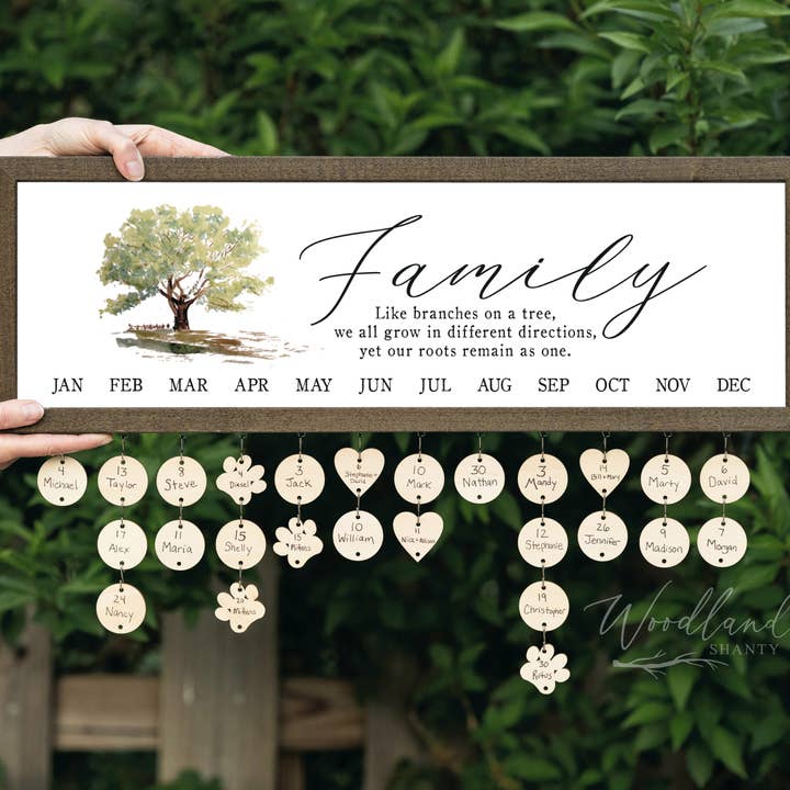 Framed Family Tree Perpetual Birthday Calendar Decor Gift for wholesale by Woodland Shanty