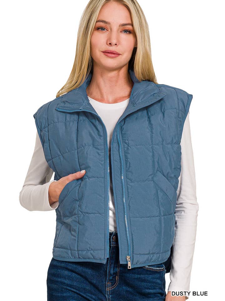 DUSTY BLUE High Neck Puffer Vest for wholesale on Faire