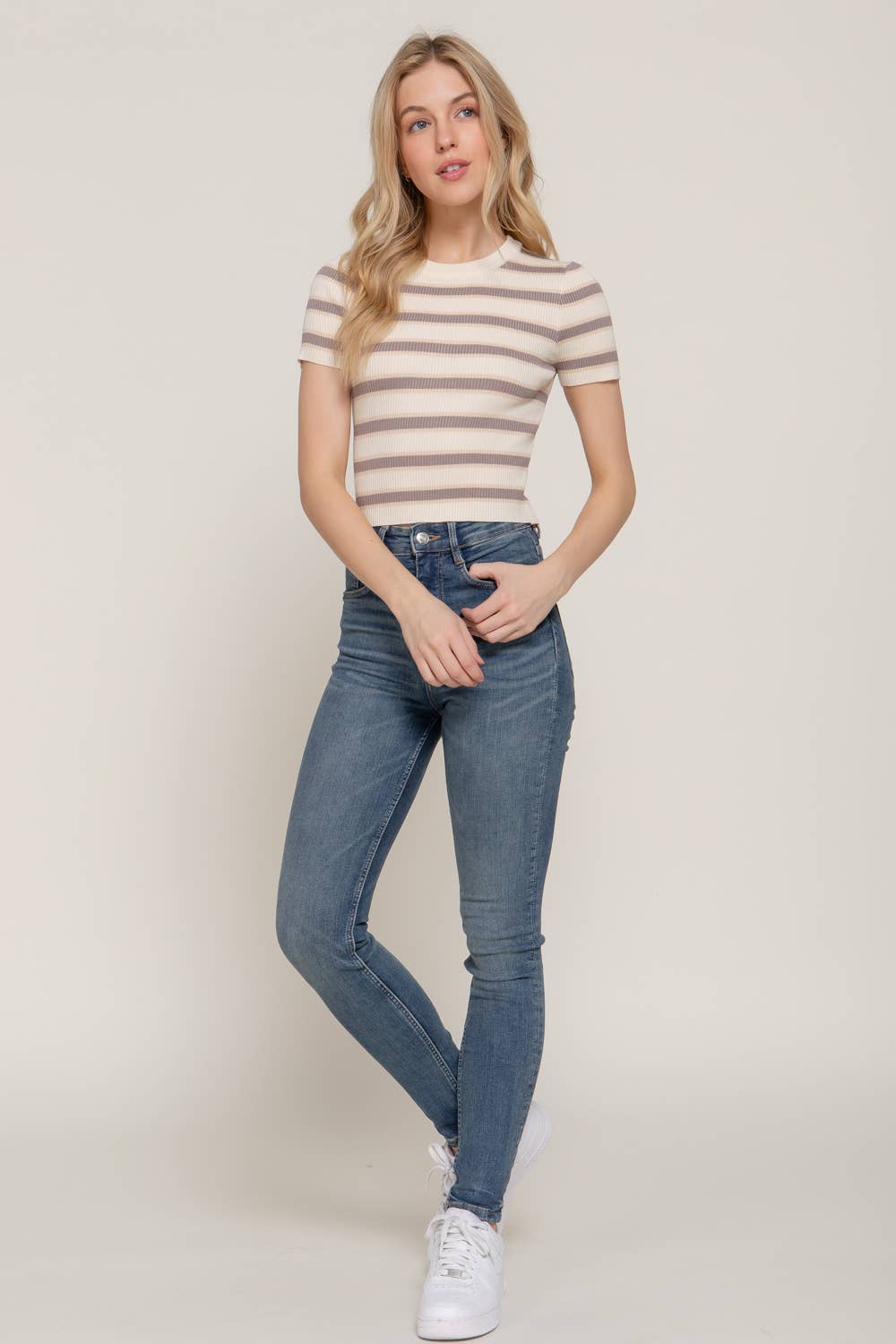 Active Basic | Active USA - Wholesale Knit Top - Women's - Short Sleeve Crew Neck Multi Stripe Spring Sweater3