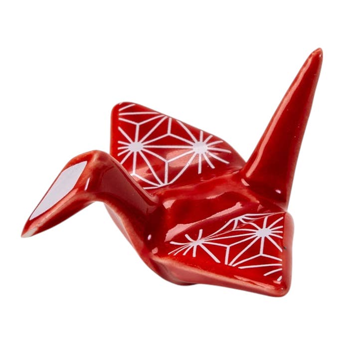 Origami Crane Porcelain Chopsticks Rest 2"L Asanoha Red (12/288) for wholesale by Urban Tokyo