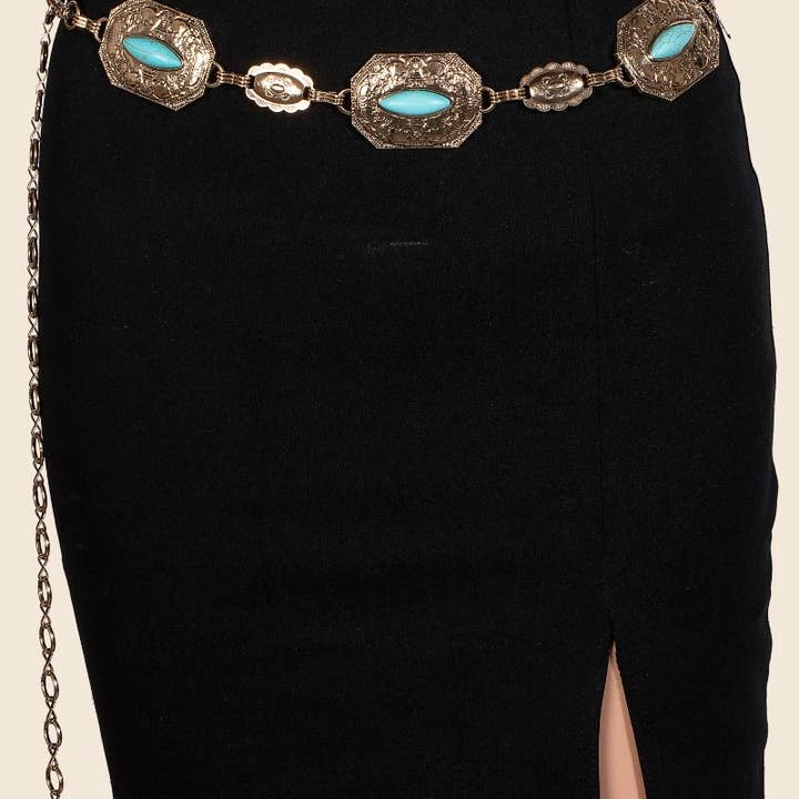 Oval Turquoise Stud Western Concho Chain Belt for wholesale by Anarchy Street