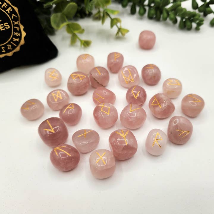 Meraki Gemstones - Wholesale Spiritual Stone/Crystal - Rose Quartz Semi-Precious Gemstone Rune Sets & Velvet Pouch