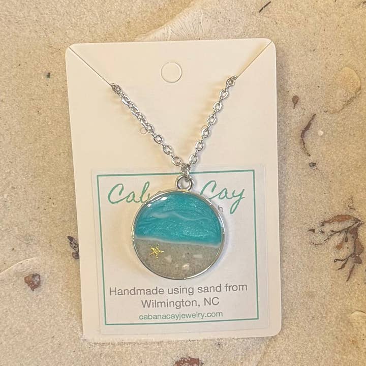 Beach Sand Large Silver Circle Necklace (choose your beach) for wholesale by Cabana Cay