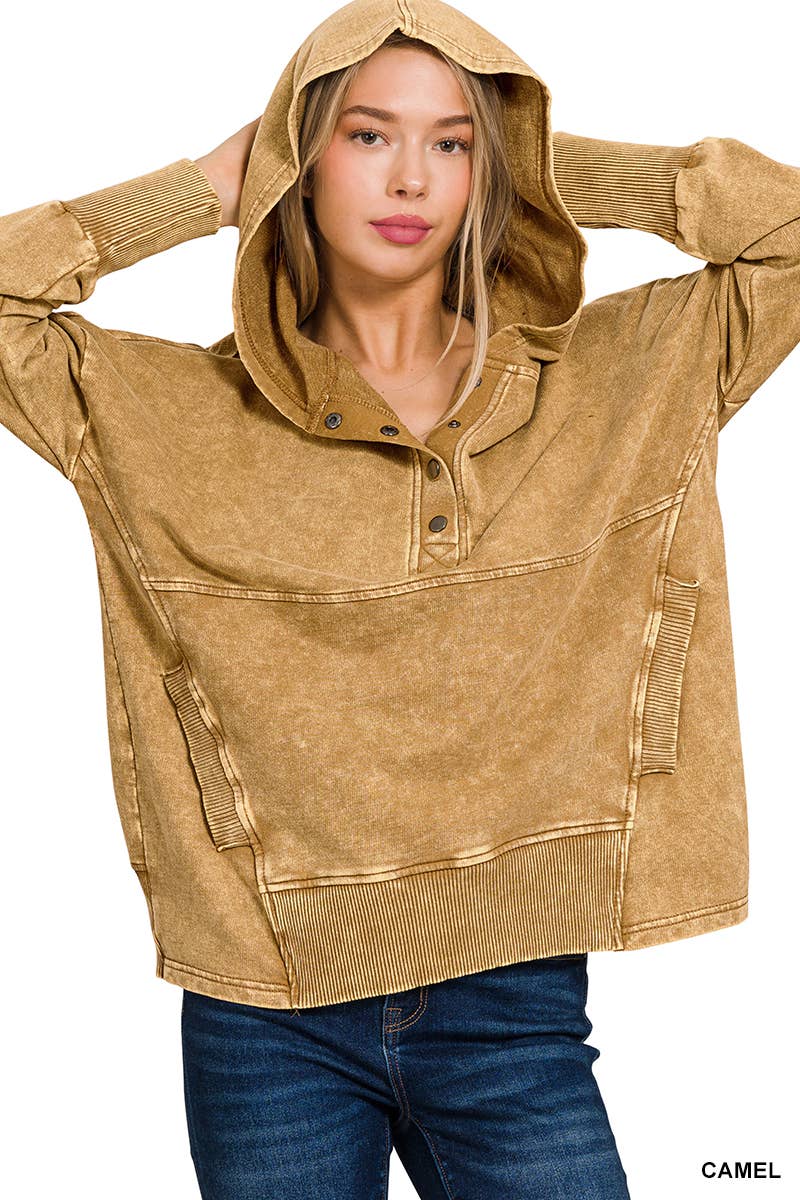 42POPS - Vente Sweat à capuche – femme - Sweat à capuche en molleton français délavé à l'acide avec poche kangourou.11