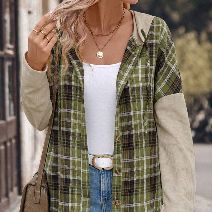 Vert Chemise patchwork à capuche à carreaux et manches longues en vente sur Faire3