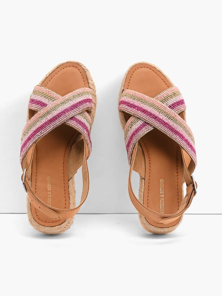 Set of 8 Pink Stripes Beaded Flatform Sandals for wholesale by America & Beyond