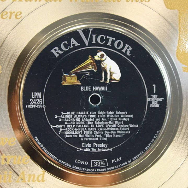 Gold Record Outlet - Venta al por mayor Artículo decorativo de mesa - Elvis Presley Blue Hawaii grabado a láser, edición limitada, álbum dorado, LP R