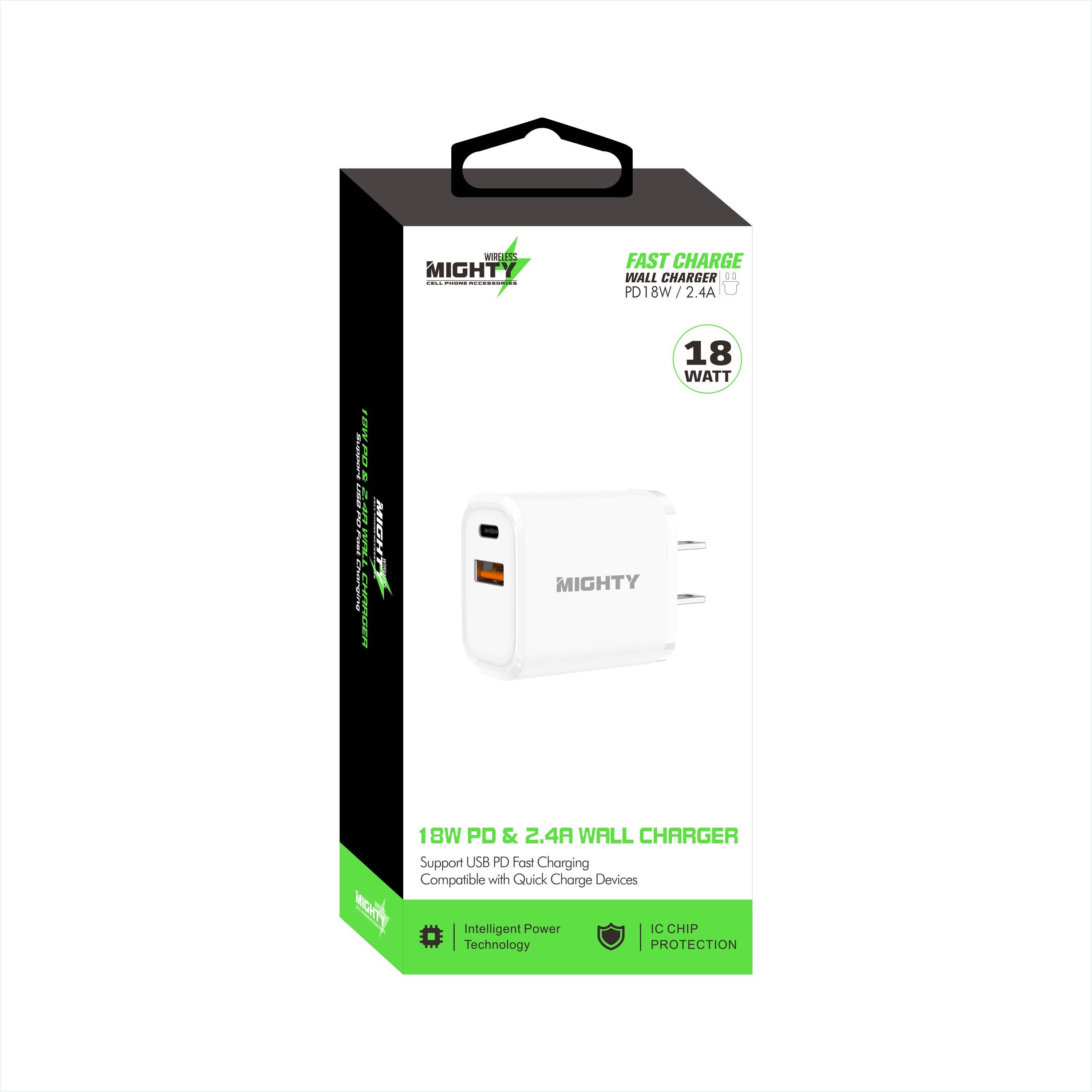 Mighty Wireless - Wholesale Power adapter - Mighty 18W Wall Charger with PD and USB Ports White MK10