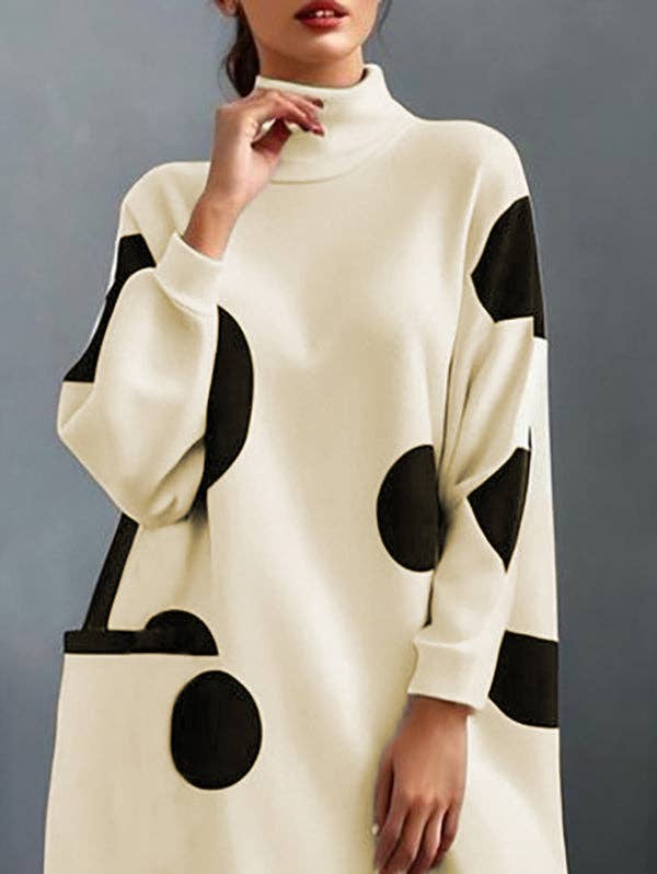 WHITE BLACK Long Sleeves Loose Pockets Polka-Dot Mock Neck Mini Dresses for wholesale on Faire3
