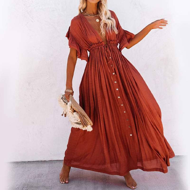 Fashion Combination - Wholesale Dress - Women's - Boho Button-Front Flowy Maxi Dress1
