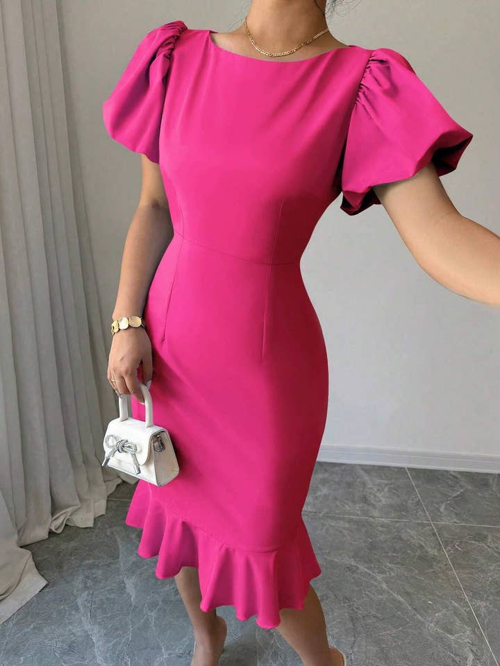 UNISHE – Engroshandel Kjole - Dame – Seksede Lanterneærmer og Flæser Fishtail Kjole GSS13013