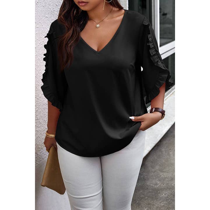 FUCHSIA Solid Plus V Neck Ruffle Trim Petal Sleeve Blouse for wholesale on Faire11