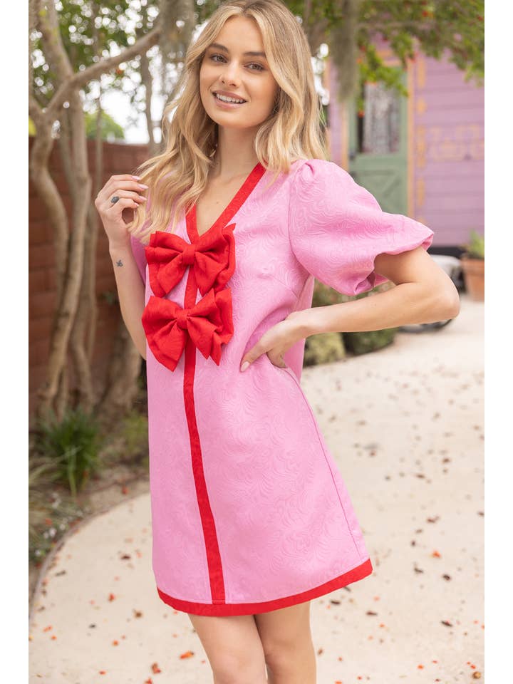 Pink 35718 Double Front Bow Contrast Paisley Jacquard Dress for wholesale on Faire