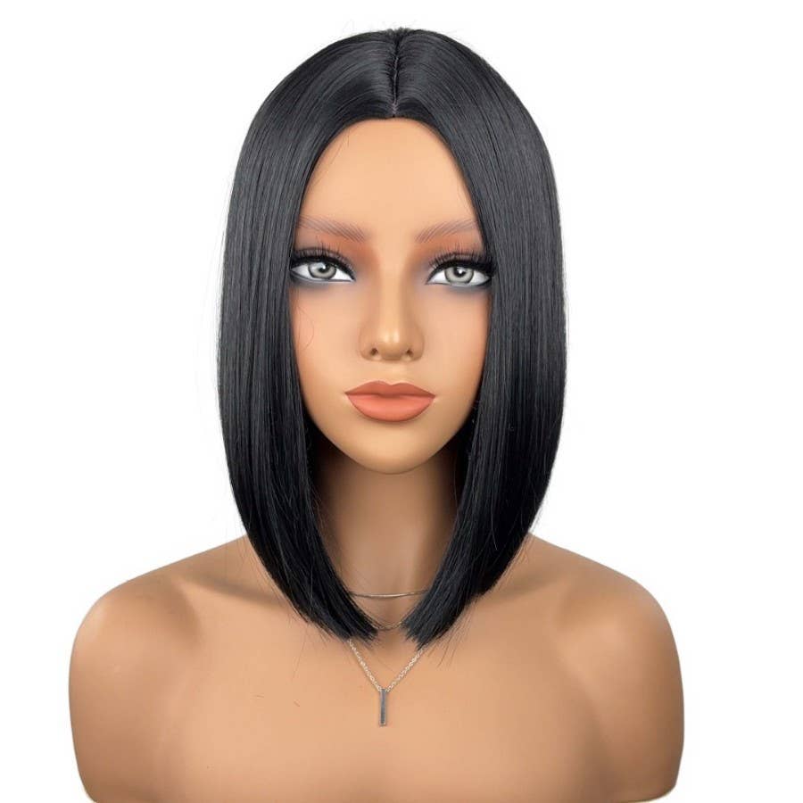 Black Straight Bob Synthetic Wig with Center Part and Sleek Finish for wholesale on Faire6